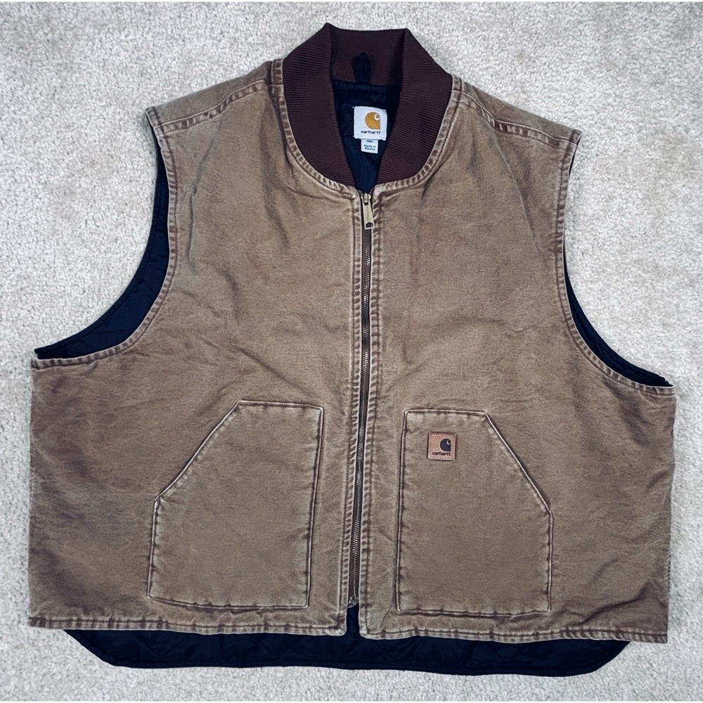 Carhartt Vest Mens 4XL Brown Duck Canvas Quilted Workwear Full Zip V02 BRN